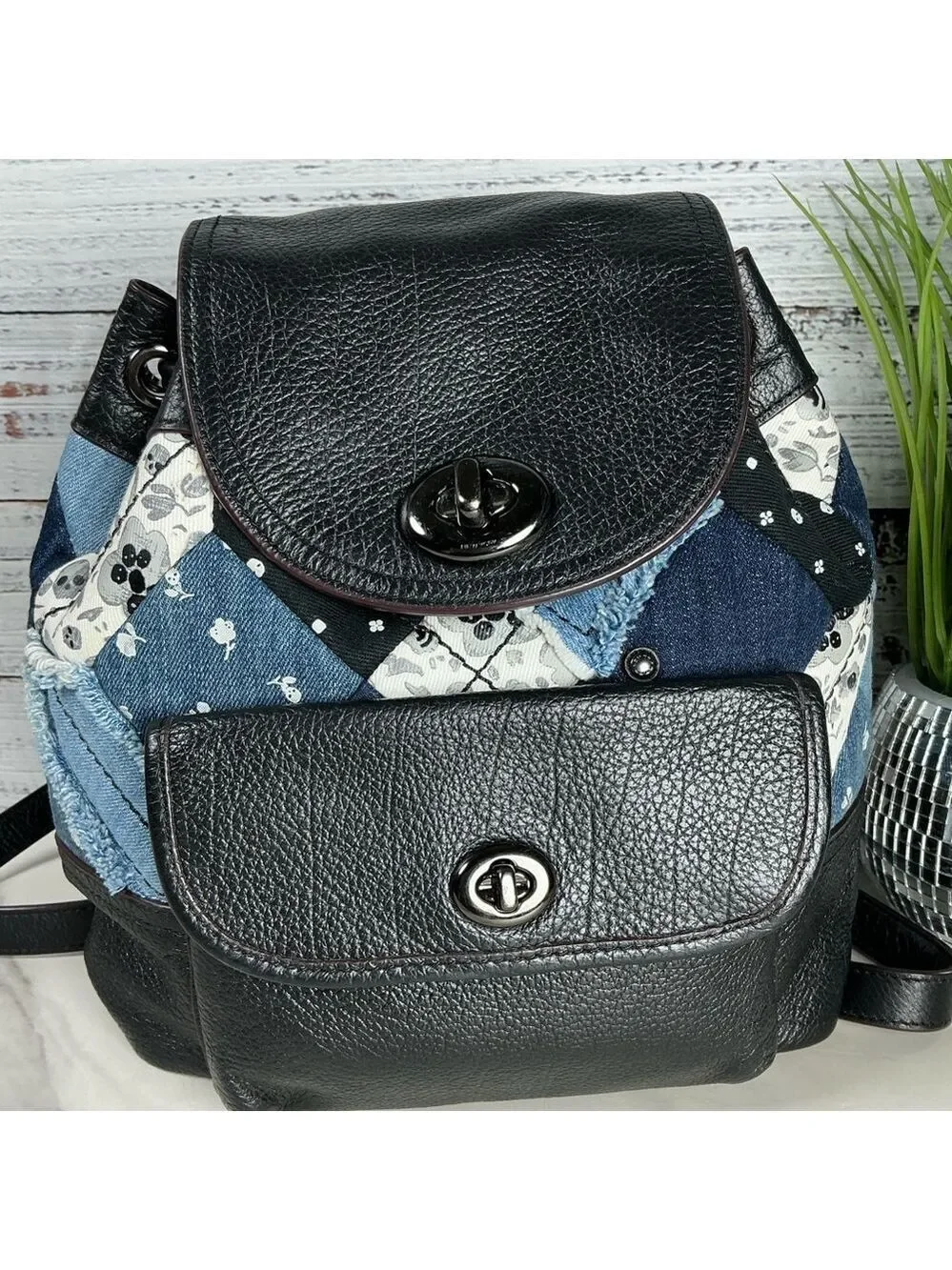 Coach Bag Black and Blue Denim Skulls Quilted Patchwork Turnlock Backpack School